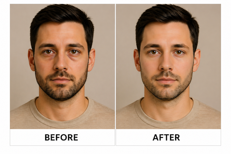 Before and after comparison of a man with a beard on a plain background