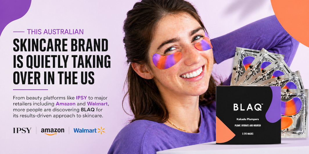 Woman with colorful eye patches holding BLAQ skincare products against a promotional background.
