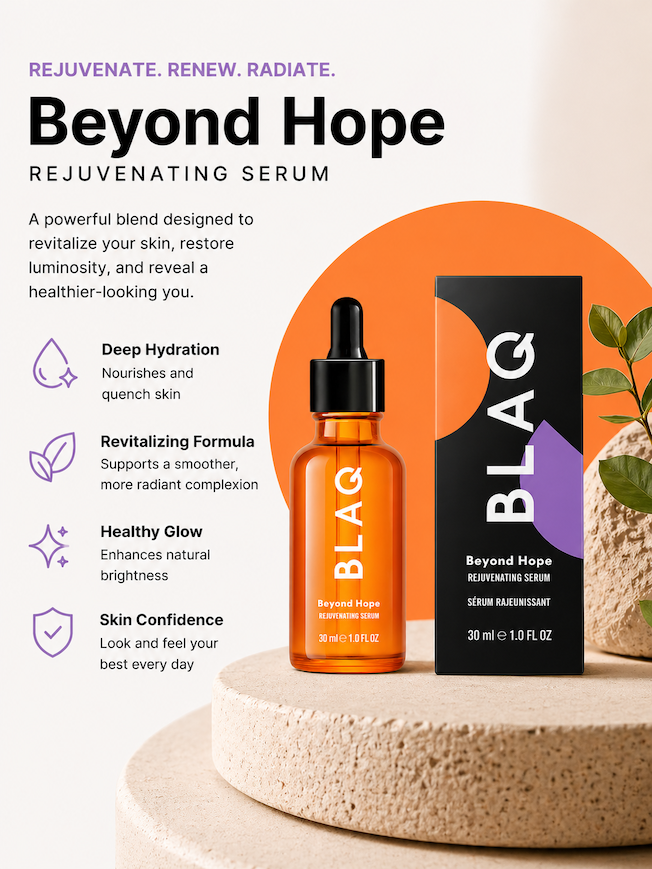 BLAQ Beyond Hope rejuvenating serum with packaging on a neutral background