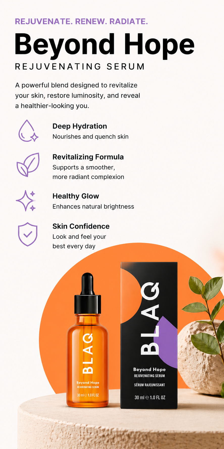 BLAQ Beyond Hope rejuvenating serum with product and packaging on a white background