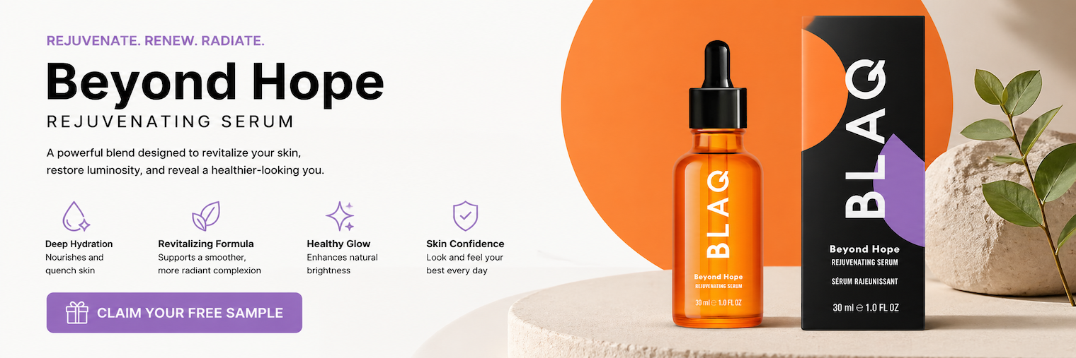 BLAQ Beyond Hope rejuvenating serum with dropper bottle and packaging on an orange background