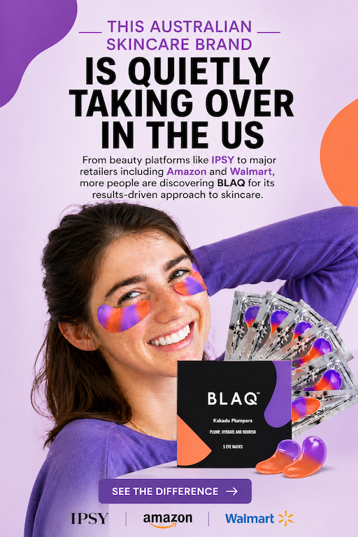 Promotional poster for BLAQ skincare products with a woman holding the packaging against a light purple background.