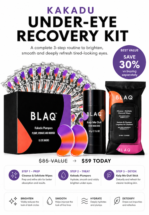 BLAQ Kakadu Under-Eye Recovery Kit with packaging and product display on a white background